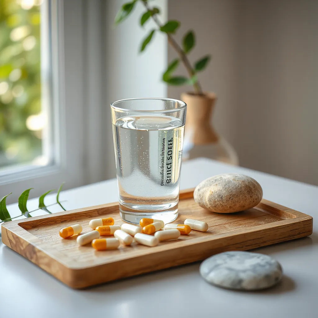 Natural capsules and tablets with clear water on a wooden tray in soft morning light