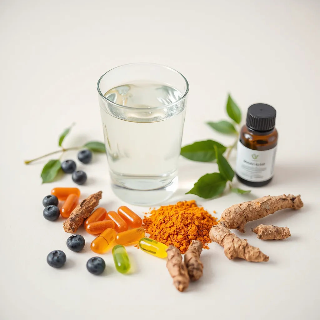 Natural capsules and wellness ingredients on a clean surface with soft light for longevity and anti-aging themes.