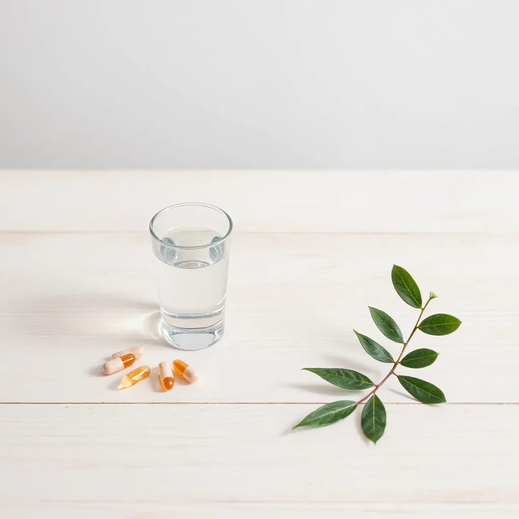 Capsules and a glass of water with fresh greens on a light wood table in soft natural light