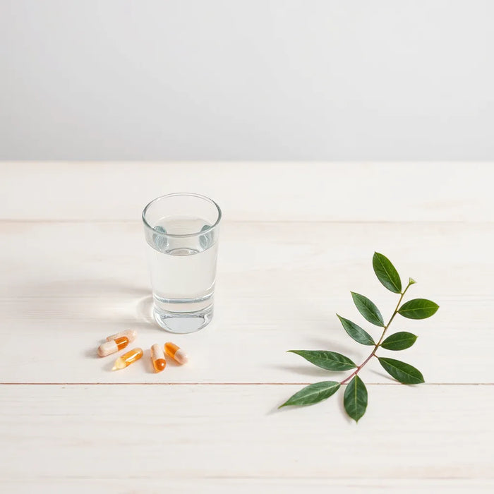 Capsules and a glass of water with fresh greens on a light wood table in soft natural light