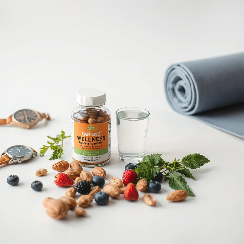 Wellness supplement bottle beside natural ingredients and water in soft morning light, suggesting anti-aging and longevity support.