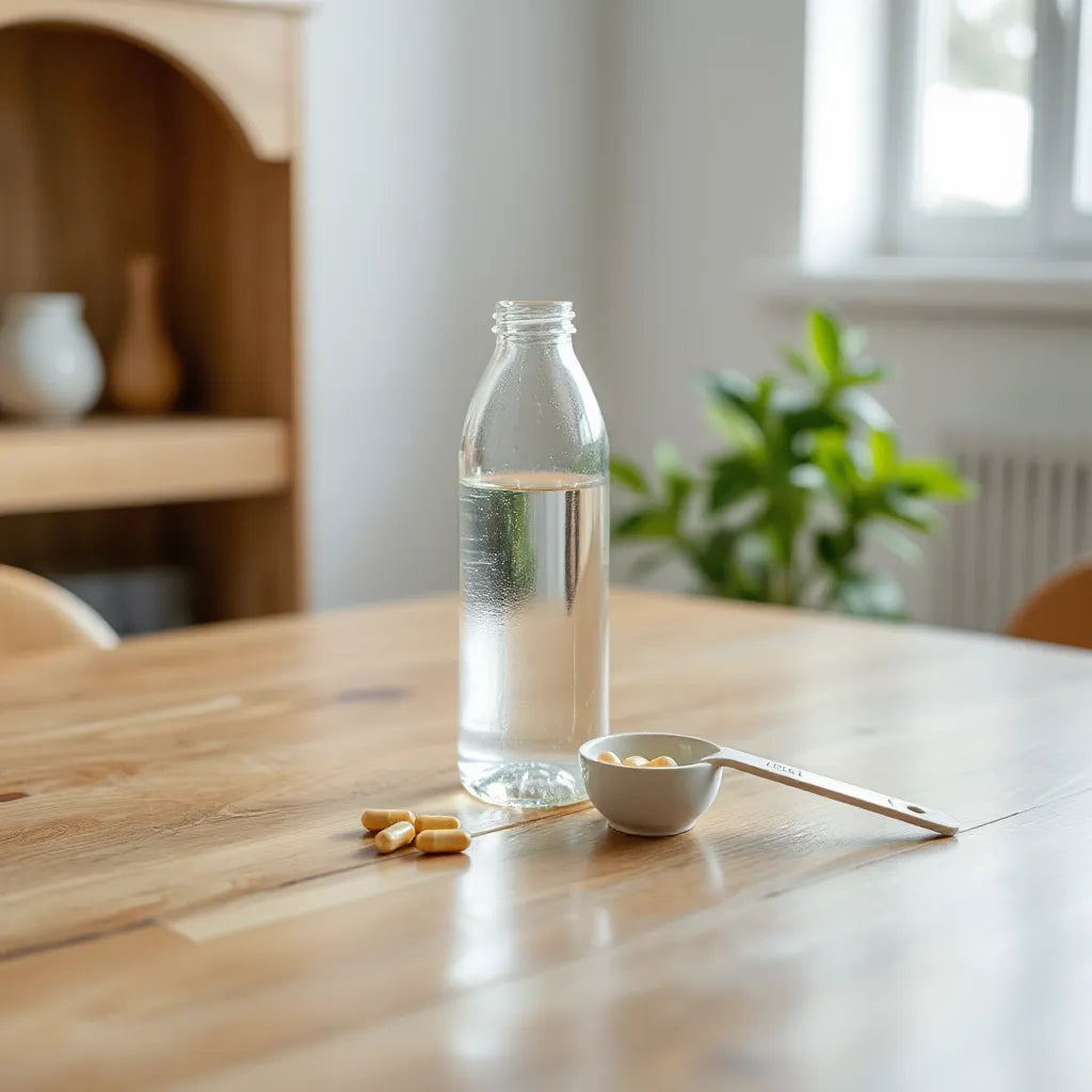 Natural morning light on a table with supplement capsules, a scoop, and a water bottle