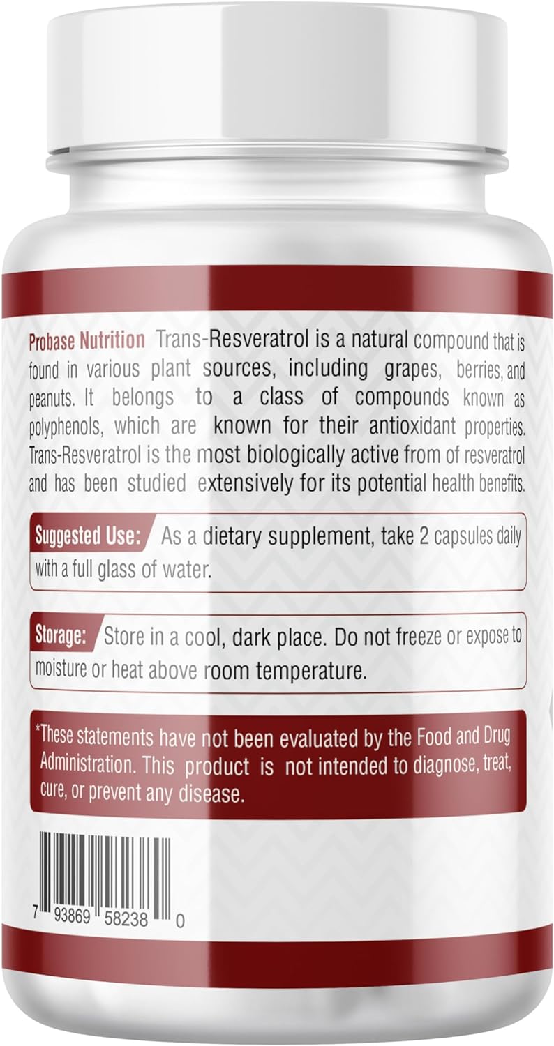 Probase Nutrition Ultra High Purity Resveratrol Capsules - 98% Trans-Resveratrol - 180 Caps