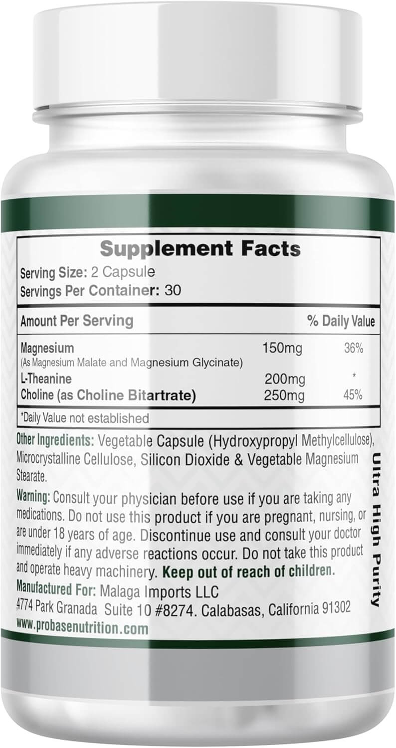 Magnesium Complex Plus with Magnesium Malate, Glycinate, L-Theanine, and Choline High Absorption Formula 60 Capsules 30-Day Supply
