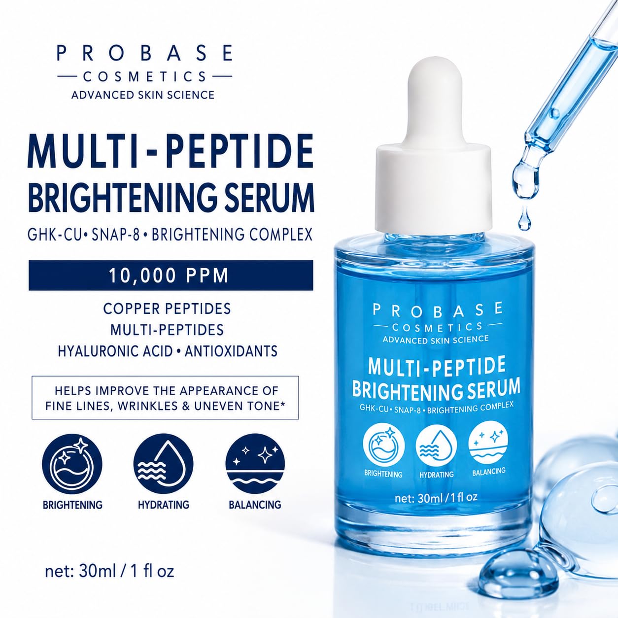 Copper Peptide Face Serum, 1 fl. oz. | Hyaluronic Acid, Collagen, SNAP-8, 10,000 ppm