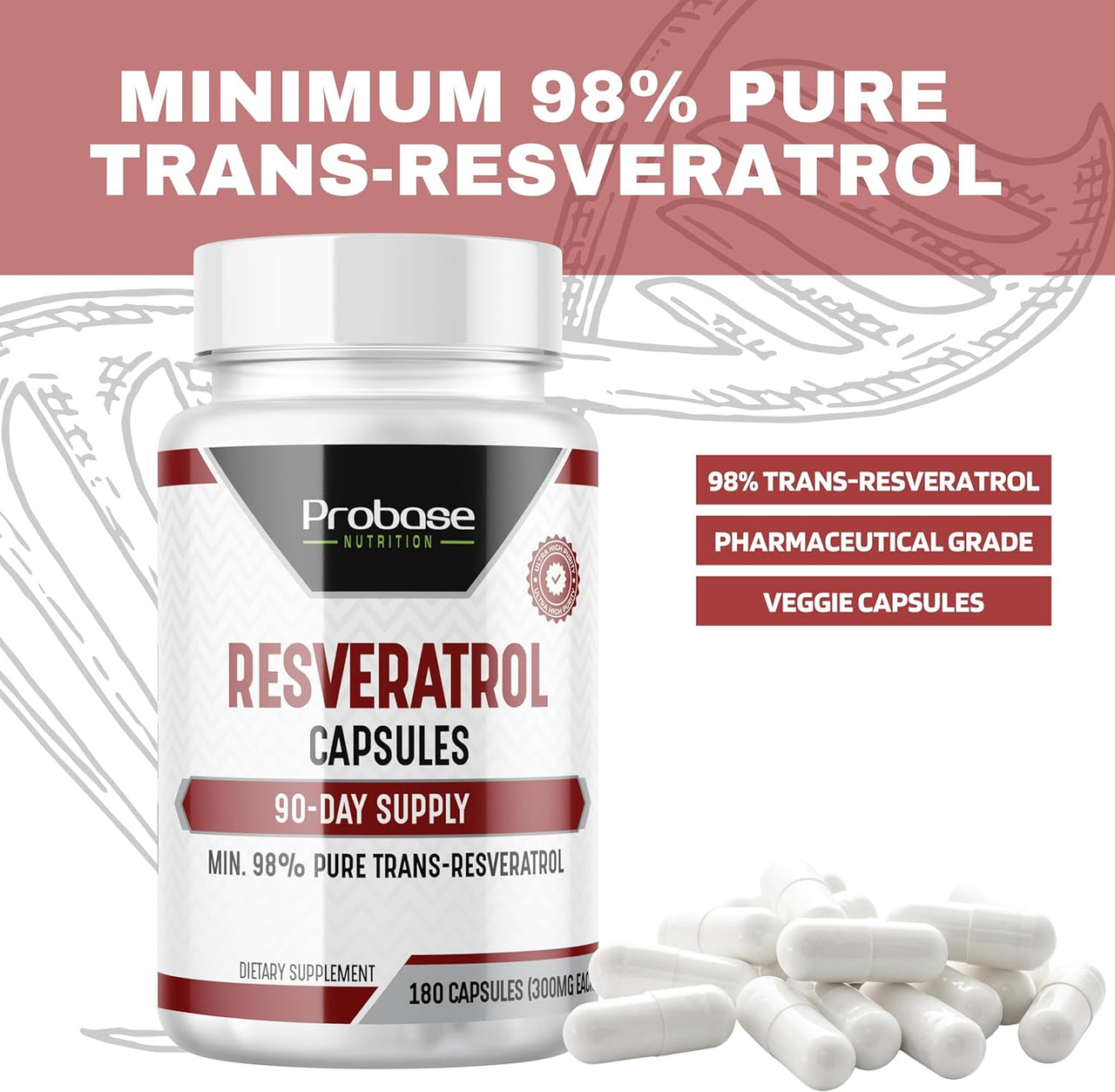 Probase Nutrition Cápsulas de resveratrol de pureza ultra alta - 98% trans-resveratrol - 180 cápsulas Suplemento de resveratrol