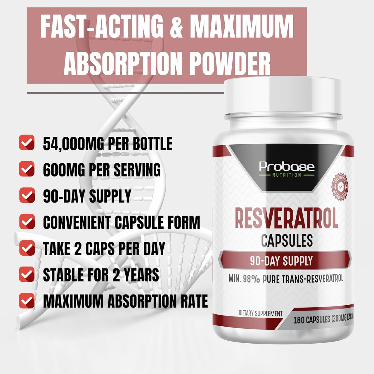 Probase Nutrition Ultra High Purity Resveratrol Capsules - 98% Trans-Resveratrol - 180 Caps Resveratrol Supplement