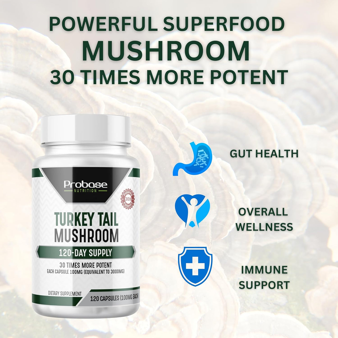 Turkey Tail Mushroom Supplement (120 Capsules - 4 Month Supply) (Coriolus Versicolor) Non-GMO