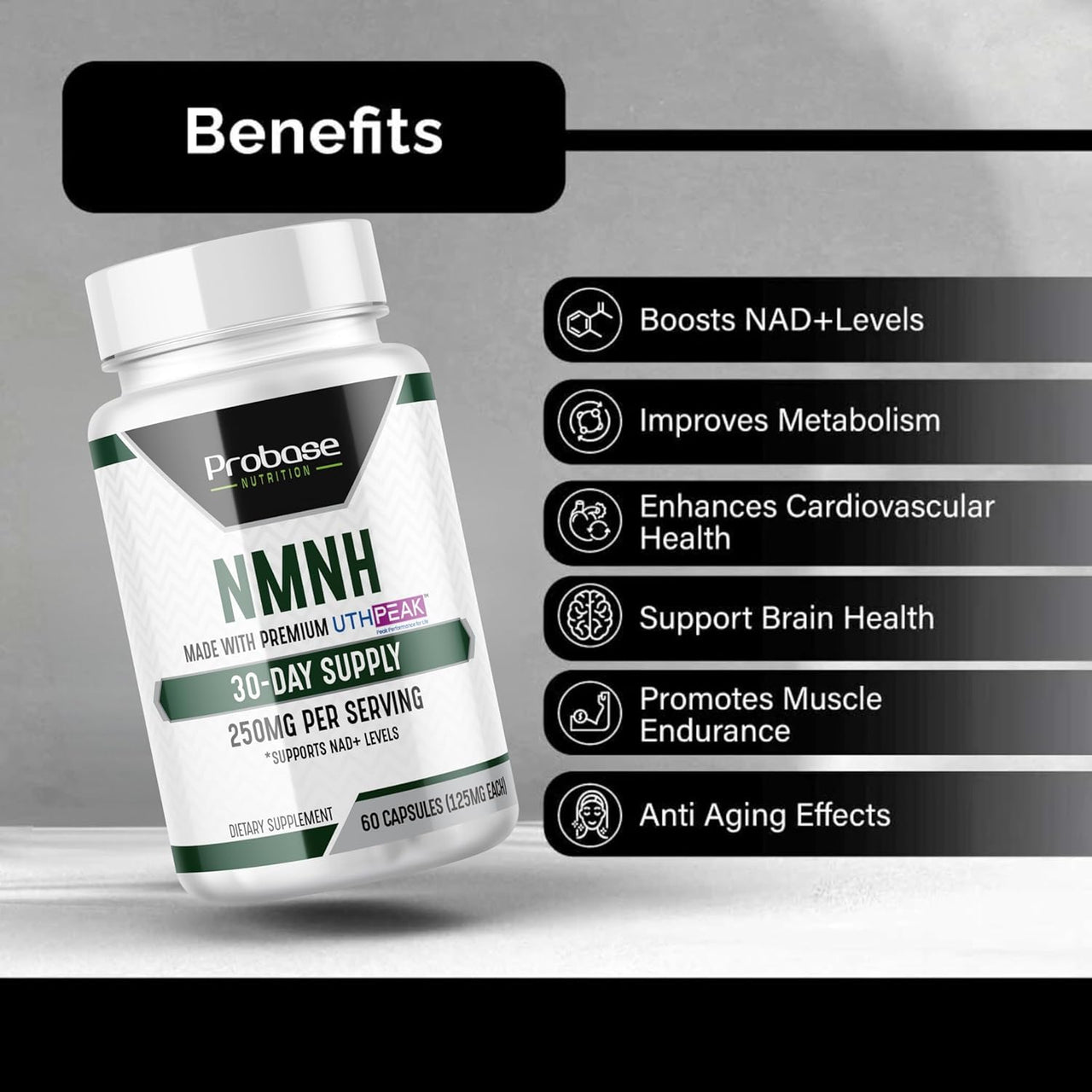 Suplemento Probase Nutrition Uthpeak™ NMNH NAD, 250 mg por porción, 60 unidades (30 porciones): puede ser más eficaz que NR o NMN