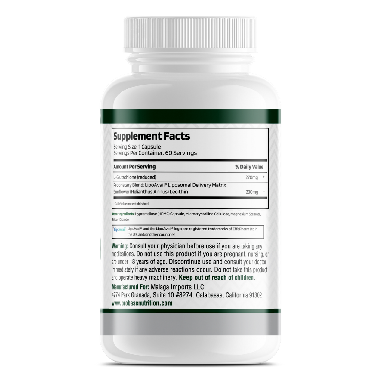Probase Nutrition Liposomal Glutathione with LipoAvail Supplement 500mg per Serving, 60 Capsules (Vegan Safe, Non-GMO) Max Absorption Liposomal Glutathione