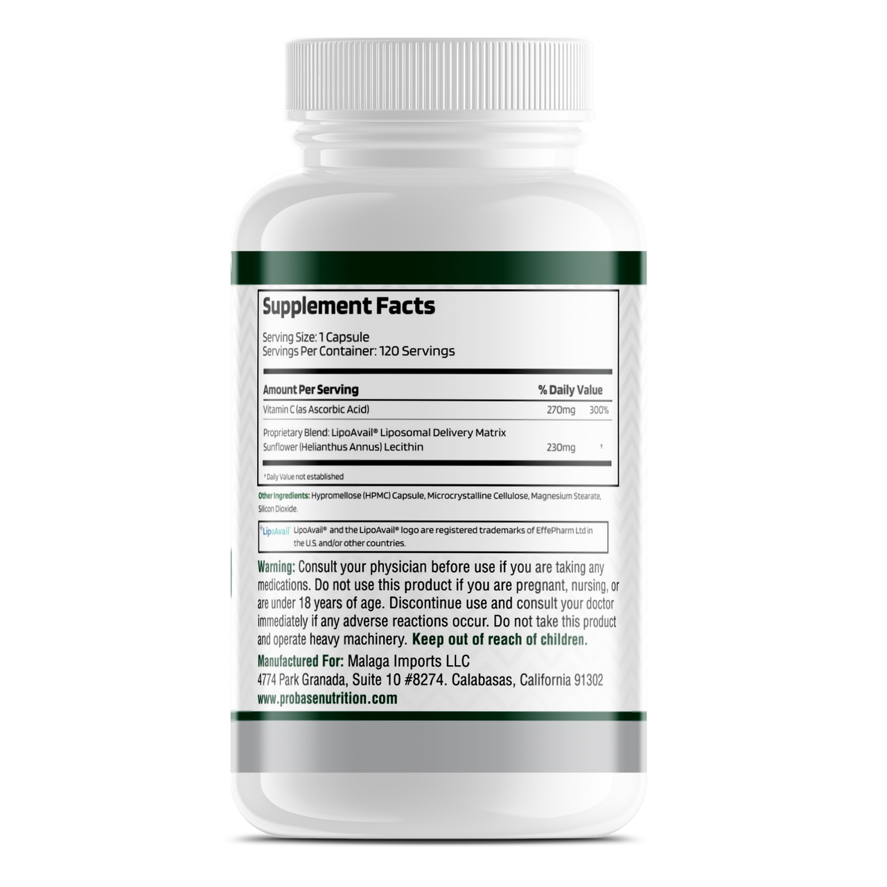 Probase Nutrition Liposomal Vitamin C with LipoAvail- Brain, Heart, Eye & Immune Support - Provides 500 mg of Bioavailable Vitamin C - Non-GMO, Gluten-Free & Soy-Free - 120 Capsules