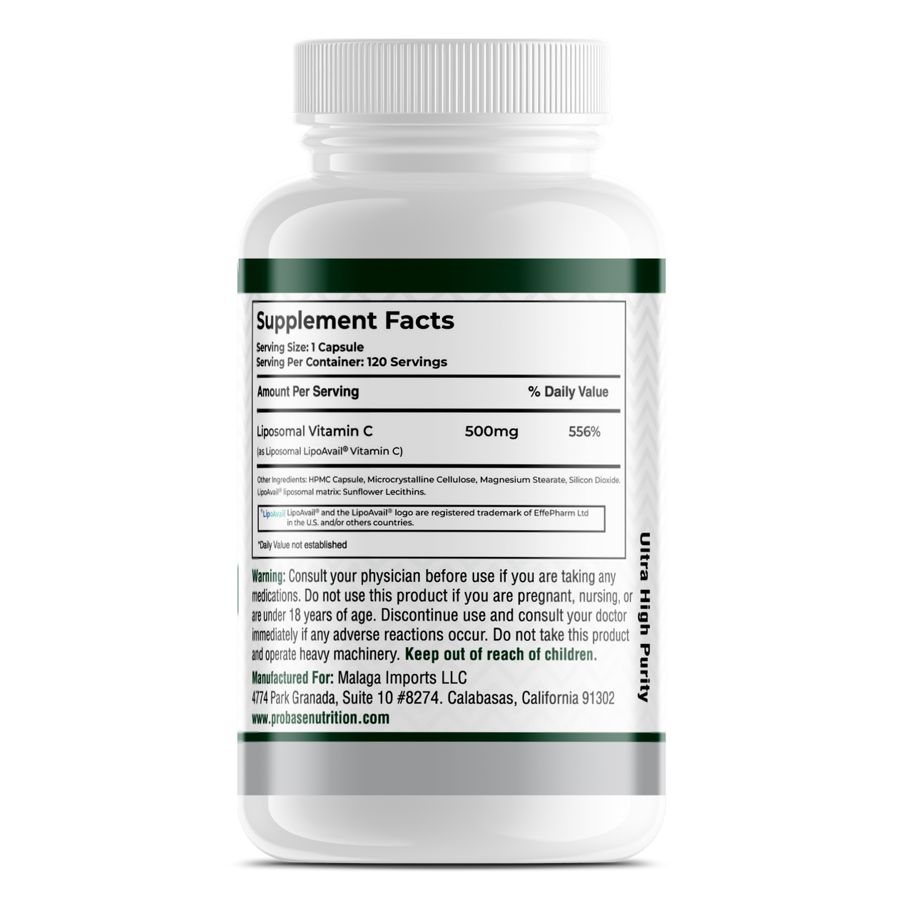 Probase Nutrition Liposomal Vitamin C with LipoAvail- Brain, Heart, Eye & Immune Support - Provides 500 mg of Bioavailable Vitamin C - Non-GMO, Gluten-Free & Soy-Free - 120 Capsules