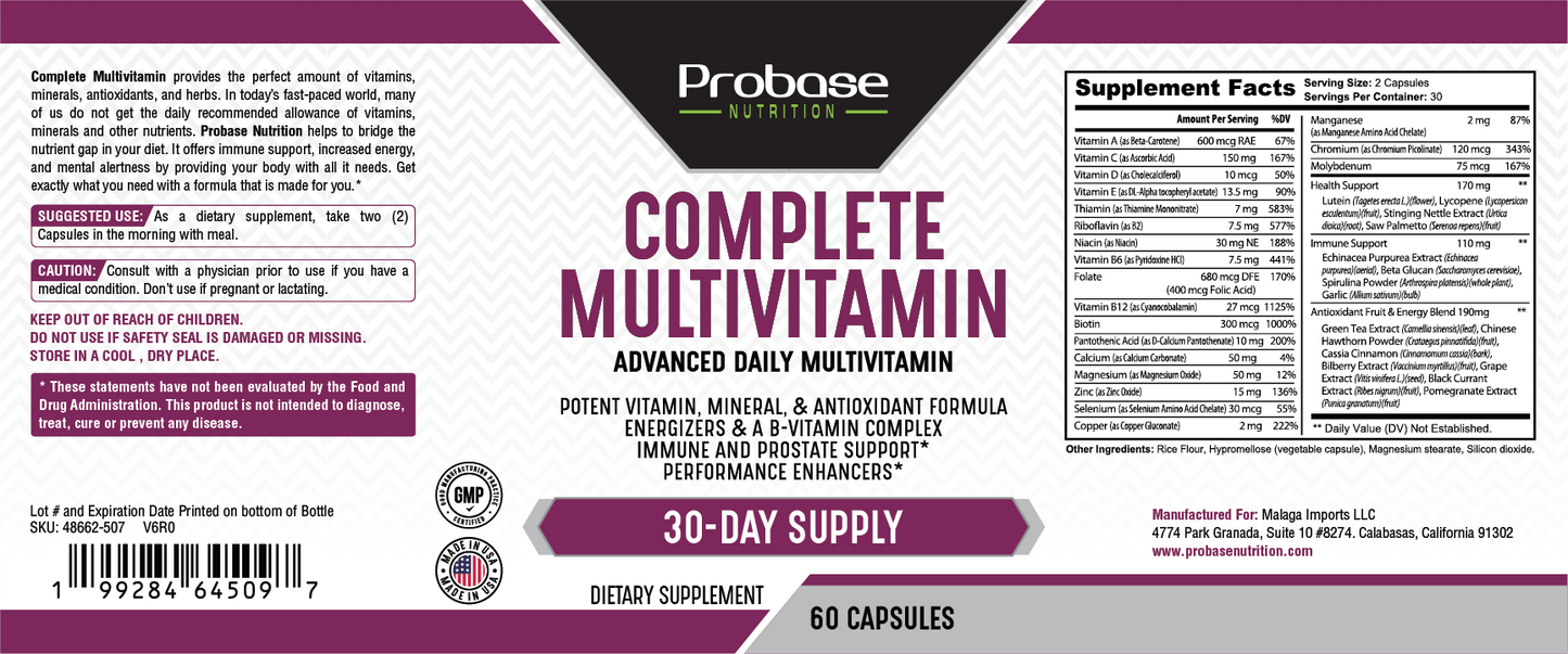 Probase Nutrition Complete Multivitamin 60 Capsules 30-Day Supply