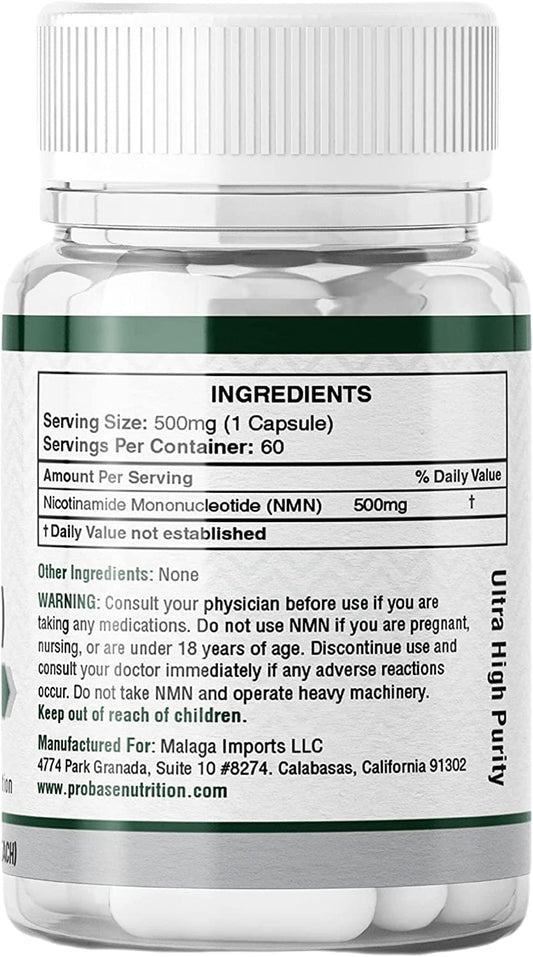 NMN Capsules 60 Count (500mg Each)- Guaranteed over 98% purity- 30-Day Supply - Probase Nutrition