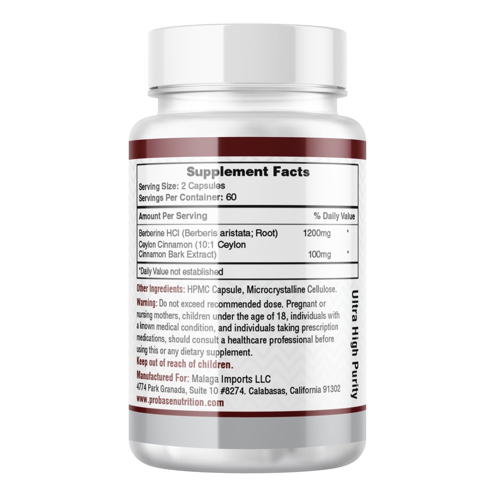 Probase Premium Berberine HCI 1200mg, 120 Capsules - Plus Ceylon Cinnamon Extract 10:1, Berberine HCL Root Supplements Pills - Supports Glucose Metabolism, Immune System, Healthy Weight Management - Probase Nutrition