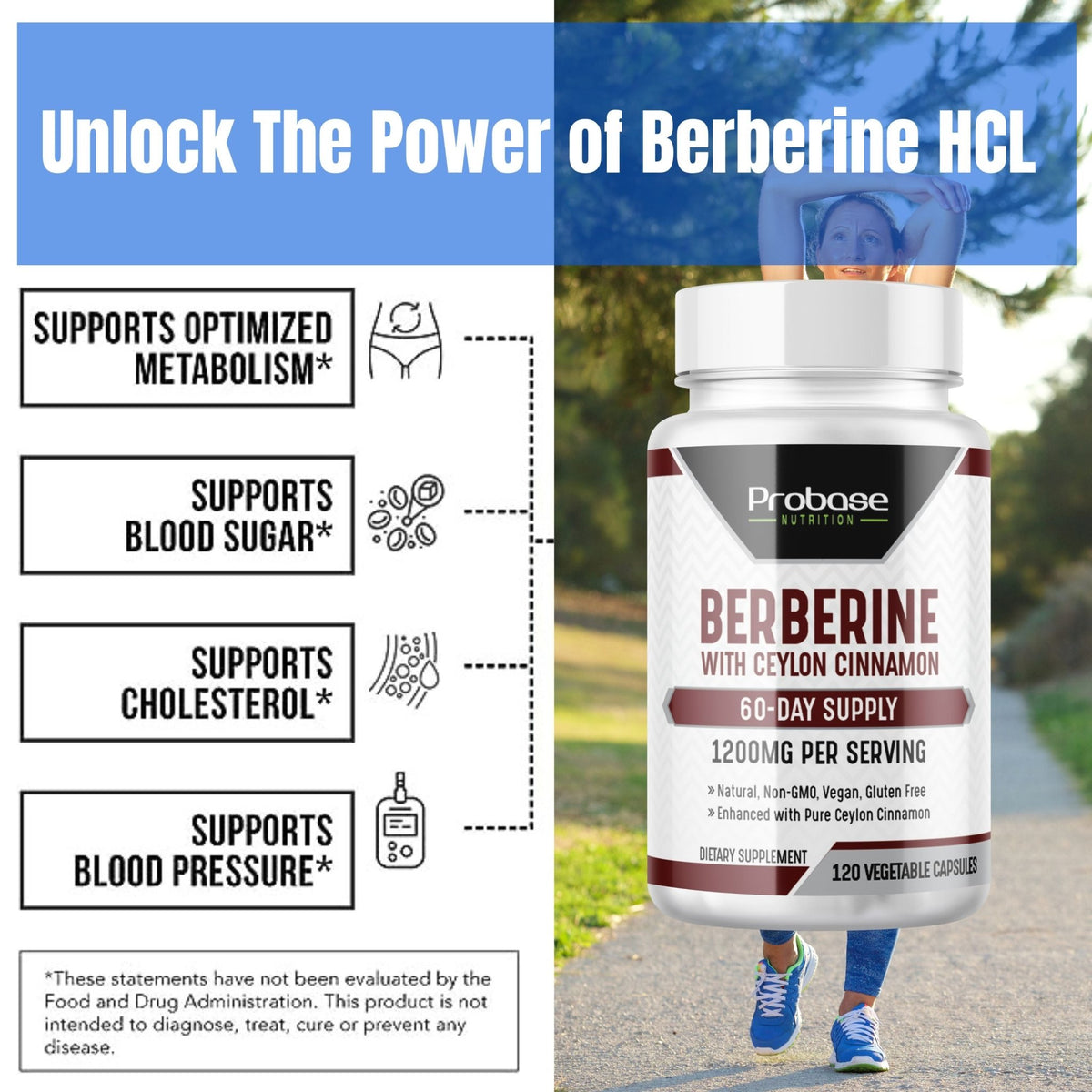 Probase Premium Berberine HCI 1200mg, 120 Capsules - Plus Ceylon Cinnamon Extract 10:1, Berberine HCL Root Supplements Pills - Supports Glucose Metabolism, Immune System, Healthy Weight Management - Probase Nutrition