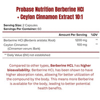 Thumbnail for Probase Premium Berberine HCI 1200mg, 120 Capsules - Plus Ceylon Cinnamon Extract 10:1, Berberine HCL Root Supplements Pills - Supports Glucose Metabolism, Immune System, Healthy Weight Management - Probase Nutrition