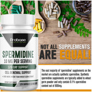 Probase Spermidine Supplement (10mg of 99% Spermidine 3HCL - Third Party Tested) 120 Capsules - Over 100x More Potent Than Wheat Germ Extract for Cell Membrane, Telomere Health and Aging - Probase Nutrition
